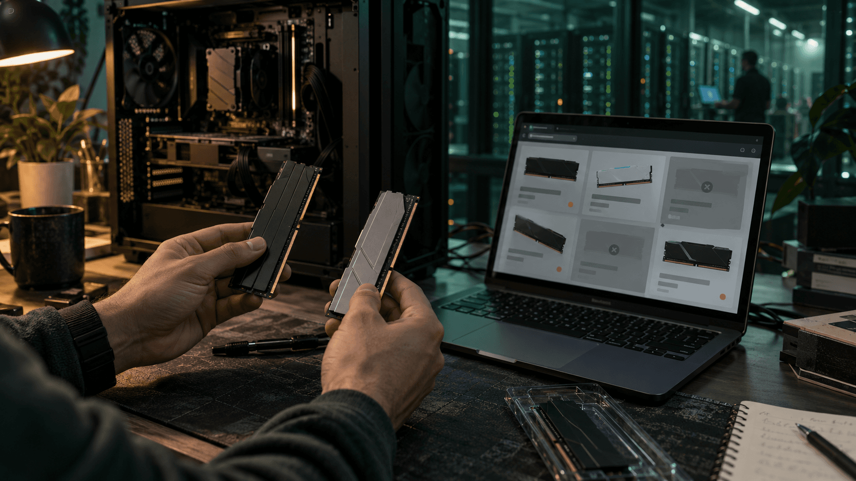 A PC builder comparing DDR5 memory while browsing limited online listings, with data-centre servers in the background.
